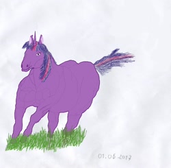 Size: 1968x1927 | Tagged: safe, artist:troticon, derpibooru exclusive, twilight sparkle, unicorn twilight, unicorn, grass, hoers, majestic as fuck, missing cutie mark, muscles, simple background, solo, twilight muscle, white background