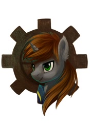 Size: 595x850 | Tagged: safe, artist:dragonataxia, oc, oc only, oc:littlepip, pony, unicorn, fallout equestria, bust, clothes, fanfic, fanfic art, female, horn, mare, portrait, simple background, smiling, solo, vault suit, white background