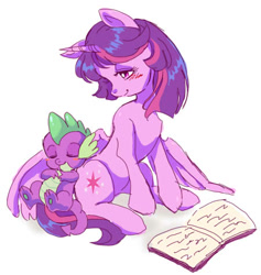 Size: 450x475 | Tagged: safe, artist:tsukuda, spike, twilight sparkle, twilight sparkle (alicorn), alicorn, dragon, pony, alternate hairstyle, baby, baby dragon, blushing, book, cute, cutie mark, duo, female, male, mare, open book, paw pads, simple background, sleeping, smiling, spikabetes, twiabetes, white background