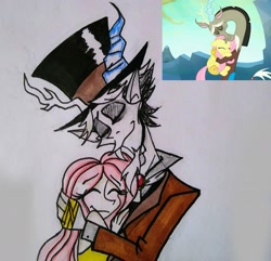 Size: 2157x2078 | Tagged: safe, artist:citi, screencap, discord, fluttershy, human, to where and back again, duo, elf ears, female, hug, humanized, male, scene interpretation, screencap reference, traditional art