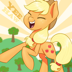 Size: 1350x1350 | Tagged: safe, artist:imaplatypus, applejack, earth pony, pony, applejack's hat, cowboy hat, eyes closed, female, freckles, hat, mare, open mouth, solo, tree, yeehaw