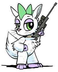 Size: 1280x1578 | Tagged: safe, artist:gsphere, spike, dragon, clothes, fursuit, gun, lidded eyes, optical sight, rifle, simple background, sniper rifle, solo, suit, weapon, white background