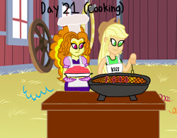 Size: 1800x1409 | Tagged: safe, artist:bigpurplemuppet99, adagio dazzle, applejack, equestria girls, barbeque, cooking, dazzlejack, female, food, grill, hot dog, lesbian, meat, sausage, shipping