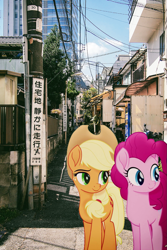 Size: 827x1240 | Tagged: safe, editor:lisaloudleijon, applejack, pinkie pie, earth pony, pony, my little pony: the movie, applepie, cute, date, female, japan, japanese, lesbian, real life background, shipping