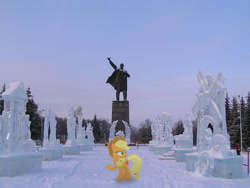 Size: 2048x1536 | Tagged: safe, artist:albertuha, applejack, earth pony, pony, female, frown, ice, ice sculpture, irl, lenin, mare, photo, ponies in real life, raised hoof, russia, snow, solo, winter
