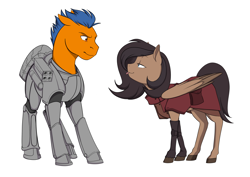 Size: 3508x2480 | Tagged: safe, artist:renniksarts, derpibooru exclusive, oc, oc only, oc:orange kyanite, oc:quillwright, earth pony, pegasus, pony, fallout equestria, fallout equestria: of shadows, :p, armor, couple, fanfic art, female, male, power armor, scribe, scribe robe, silly, simple background, steel ranger, steel rangers, straight, tongue out, white background