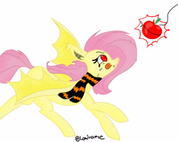 Size: 2500x2000 | Tagged: safe, artist:lowname, fluttershy, bat pony, apple, bait, bat ponified, clothes, drool, eyes on the prize, flutterbat, food, race swap, running, scarf, solo, tongue out