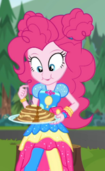 Size: 582x945 | Tagged: safe, screencap, pinkie pie, better together, choose your own ending, equestria girls, wake up!, wake up!: applejack, clothes, cropped, cute, diapinkes, dress, eating, female, food, fork, geode of sugar bombs, magical geodes, pancakes, plate, syrup