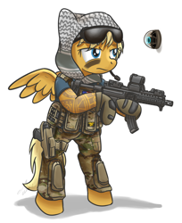 Size: 900x1103 | Tagged: safe, artist:buckweiser, pegasus, pony, bipedal, blood type o positive, camouflage, clothes, eye black (makeup), face paint, female, first aid kit, gloves, gun, handgun, headscarf, holster, hoof hold, knee pads, mare, mpx, multicam, picatinny rail, pistol, ponified, rainbow six, rainbow six siege, red dot, reflex sight, scarf, shemagh, simple background, solo, sunglasses, tattoo, valkyrie, video game crossover, weapon, white background