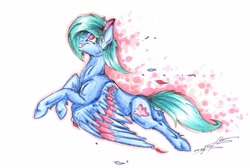 Size: 1024x689 | Tagged: safe, artist:scootiegp, oc, oc only, pegasus, pony, cloud, feather, female, flying, looking up, mare, signature, simple background, solo, traditional art, white background