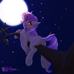 Size: 1500x1500 | Tagged: safe, artist:wildviolet-m, fluttershy, bat pony, pony, bat ponified, butt, female, flutterbat, flutterbutt, hybrid wings, mare, moon, night, plot, race swap, slit eyes, solo, tree, tree branch, wings