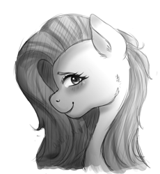 Size: 1000x1085 | Tagged: safe, artist:inkyy-kiwi, fluttershy, pegasus, pony, blushing, bust, female, looking at you, looking sideways, mare, monochrome, portrait, profile, simple background, smiling, solo, white background