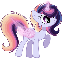 Size: 1440x1336 | Tagged: safe, artist:6-fingers-lover, oc, oc only, pony, unicorn, artificial wings, augmented, female, glowing horn, magic, magic wings, magical lesbian spawn, mare, offspring, parent:rainbow dash, parent:twilight sparkle, parents:twidash, raised hoof, simple background, solo, technically alicorn, white background, wings