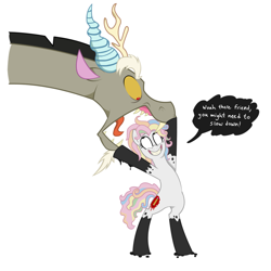 Size: 894x894 | Tagged: safe, artist:9centschange, discord, pony, bipedal, don't hug me i'm scared, equestria is doomed, female, grin, hoof hold, implied vore, male, mare, notepad (dhmis), open mouth, ponified, sharp teeth, smiling, this will end in tears and/or death, tongue out, wide eyes, xk-class end-of-the-world scenario