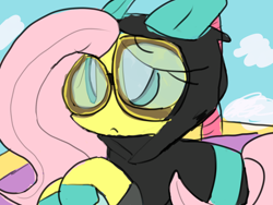 Size: 800x600 | Tagged: safe, artist:squidwafiu, fluttershy, pegasus, pony, bunny ears, clothes, costume, cute, dangerous mission outfit, flutterspy, goggles, hoodie, hot air balloon, shyabetes, solo