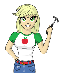 Size: 856x980 | Tagged: safe, artist:ah96, applejack, better together, diy with applejack, equestria girls, female, freckles, hammer, hand on hip, hatless, missing accessory, ms paint, simple background, smiling, solo, white background