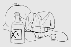 Size: 1396x932 | Tagged: dead source, safe, artist:spectre-z, twilight sparkle, twilight sparkle (alicorn), alicorn, pony, alcohol, drool, drunk, drunk twilight, eyes closed, female, glass, gray background, mare, moonshine, passed out, shot glass, simple background, sketch, sleeping, solo, white background