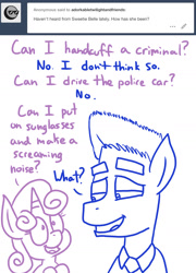 Size: 1270x1766 | Tagged: safe, artist:adorkabletwilightandfriends, sweetie belle, oc, oc:officer conner, earth pony, pony, unicorn, ask adorkable twilight, ask adorkable twilight and friends, duo, female, filly, lineart, male, police, police officer, question, simple background, stallion, tumblr, white background