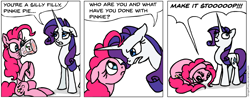 Size: 930x363 | Tagged: safe, artist:gingerfoxy, pinkie pie, rarity, earth pony, pony, unicorn, pony comic generator, angry, comic, duo, female, jar, mare, panicking, simple background, speech bubble, white background, yelling