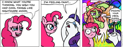 Size: 927x358 | Tagged: safe, artist:gingerfoxy, pinkie pie, rarity, tree hugger, earth pony, pony, unicorn, pony comic generator, acid trip, comic, female, hookah, mare, mushroom, simple background, speech bubble, surprised, wat, white background