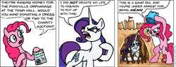 Size: 925x356 | Tagged: safe, artist:gingerfoxy, pinkie pie, rarity, earth pony, pony, unicorn, pony comic generator, angry, bucket, comic, flyer, jail, mean, out of character, sandcastle, teeth