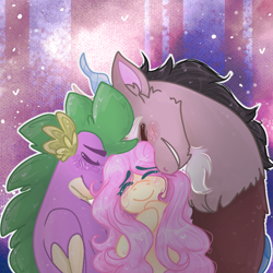 Size: 768x768 | Tagged: safe, artist:fluttershyfilly-yay, discord, fluttershy, spike, draconequus, dragon, pegasus, pony, abstract background, bisexual, blushing, cute, discoshy, discute, dispike, eyes closed, female, fluttershy gets all the dudes, fluttershy gets all the stallions, flutterspike, flutterspikecord, gay, gay in front of girls, group hug, happy, hug, male, mare, nuzzling, older, older spike, ot3, polyamory, shipping, shyabetes, smiling, spikabetes, straight, winged spike