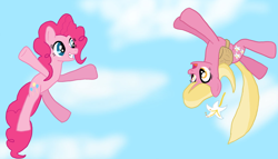 Size: 1024x586 | Tagged: safe, artist:brokenhero0409, lily, lily valley, pinkie pie, earth pony, pony, cute, diapinkes, female, lilybetes, sky, skydiving, upside down