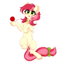 Size: 1600x1600 | Tagged: safe, artist:ai, roseluck, earth pony, pony, behaving like a cat, blushing, bow, chest fluff, collar, cute, ear fluff, female, fluffy, hoof fluff, lying, lying down, mare, on back, pet tag, pony pet, rosepet, simple background, solo, tail bow, tongue out, unshorn fetlocks, white background, yarn, yarn ball