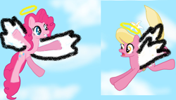 Size: 1024x586 | Tagged: safe, artist:brokenhero0409, lily, lily valley, pinkie pie, angel, pegasus, pony, cute, diapinkes, female, flower, flying, halo, heaven, lilybetes, shocked, sky, smiling, wings