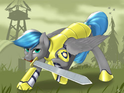 Size: 2400x1800 | Tagged: safe, artist:captainpudgemuffin, oc, oc only, oc:cloud zapper, pegasus, pony, armor, looking at you, royal guard, solo, sword, weapon