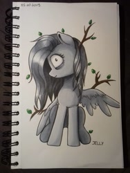 Size: 774x1032 | Tagged: safe, artist:jellyys, fluttershy, pegasus, pony, fluttertree, inktober, inktober 2019, leaf, marker drawing, pain, simple background, solo, traditional art, white background