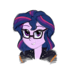 Size: 2560x2560 | Tagged: safe, artist:cybersquirrel, sci-twi, twilight sparkle, equestria girls, alternate hairstyle, bust, clothes, clothes swap, colored sketch, glasses, hairstyle swap, implied lesbian, implied scitwishimmer, implied shipping, jacket, leather jacket, simple background, smiling, white background