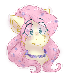 Size: 768x768 | Tagged: safe, artist:fluttershyfilly-yay, fluttershy, pegasus, pony, blushing, bust, ear fluff, female, flower, flower in hair, jewelry, mare, necklace, outline, portrait, simple background, smiling, solo, three quarter view, transparent background, white outline