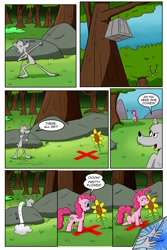 Size: 1024x1536 | Tagged: safe, artist:cartoon-eric, pinkie pie, oc, oc:fred wolfbane, pony, comic:pink. it's what's for dinner, comic, flower, male, rope, safe (object), sunflower, trap (device), x