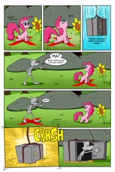 Size: 1024x1536 | Tagged: safe, artist:cartoon-eric, pinkie pie, oc, oc:fred wolfbane, pony, comic:pink. it's what's for dinner, cartoon physics, comic, flower, pinkie sense, safe (object), sunflower, x