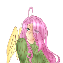 Size: 768x768 | Tagged: safe, artist:patatadekawaii, fluttershy, human, breasts, clothes, eye clipping through hair, fluttershy is not amused, hair over one eye, hootershy, humanized, solo, sweater, sweatershy, unamused, wingding eyes