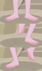 Size: 1366x2304 | Tagged: safe, edited screencap, screencap, pinkie pie, better together, equestria girls, too hot to handle, barefoot, close-up, comic, feet, hot, legs, ouch, pictures of legs, screencap comic