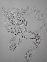 Size: 2448x3264 | Tagged: safe, artist:kenuma, applejack, human, angry, armor, armpits, attack, axe, damaged, fantasy class, female, humanized, jumping, marker drawing, scar, solo, traditional art, valkyrie, warrior, weapon