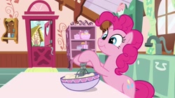 Size: 1920x1080 | Tagged: safe, screencap, pinkie pie, earth pony, pony, between dark and dawn, baking, bowl, cute, diapinkes, female, kitchen, mare, ponyville, smiling, solo, whisk