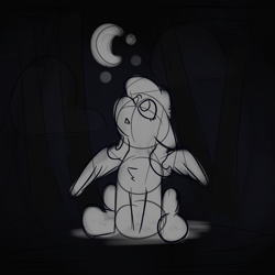 Size: 4000x4000 | Tagged: safe, artist:antimationyt, fluttershy, pegasus, pony, crescent moon, female, fluffy, inktober, inktober 2019, looking up, mare, moon, night, sitting, sketch, solo, spread wings, wings, wip