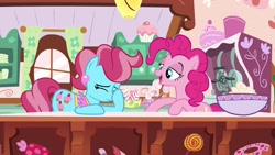 Size: 1920x1080 | Tagged: safe, screencap, cup cake, pinkie pie, earth pony, pony, between dark and dawn, baking, bowl, cutie mark, ear piercing, employee, eyes closed, facehoof, female, frown, frustrated, kitchen, lidded eyes, mare, piercing, smiling, talking