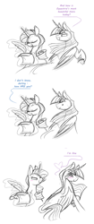 Size: 808x1920 | Tagged: safe, artist:selective-yellow, rarity, twilight sparkle, twilight sparkle (alicorn), alicorn, pony, unicorn, comic, crying, cunning, duo, female, glowing horn, lesbian, magic, mare, monochrome, neo noir, paper, partial color, quill, rarilight, shipping, simple background, sketch, smiling, telekinesis, white background