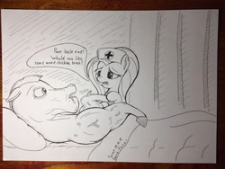 Size: 4032x3024 | Tagged: safe, artist:stink111, bulk biceps, fluttershy, pegasus, pony, bed, female, flutterbulk, inktober, inktober 2019, male, monochrome, nurse, shipping, straight, traditional art