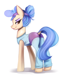 Size: 1743x2097 | Tagged: safe, artist:reiishn, sapphire shores, earth pony, pony, clothes, dock, female, looking at you, looking back, looking back at you, mare, plot, simple background, smiling, solo, white background