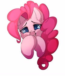 Size: 2400x2800 | Tagged: safe, artist:rokufuro, pinkie pie, earth pony, pony, bedroom eyes, blushing, cheek fluff, colored pupils, cute, diapinkes, ear fluff, high res, leg fluff, looking at you, simple background, smiling, solo, white background