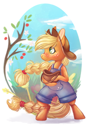 Size: 2481x3508 | Tagged: safe, artist:cutepencilcase, applejack, earth pony, pony, semi-anthro, apple tree, basket, braid, cute, digital art, jackabetes, overalls, solo, tree