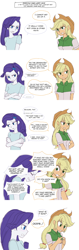 Size: 1280x4050 | Tagged: safe, artist:haibaratomoe, edit, editor:jamalleymall, applejack, rarity, equestria girls, angry, applejack's hat, blushing, broken english, clothes, comic, cowboy hat, engrish, eyes closed, female, freckles, hat, lesbian, open mouth, rarijack, shipping, shirt, simple background, white background