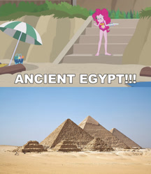 Size: 1617x1872 | Tagged: safe, edit, edited screencap, editor:sonic ranger, screencap, pinkie pie, better together, equestria girls, too hot to handle, ancient egypt, atop the fourth wall, barefoot, clothes, feet, fist shaking, fist up, linkara, one-piece swimsuit, pyramid, swimsuit