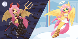 Size: 2160x1080 | Tagged: safe, alternate version, artist:howxu, fluttershy, angel, anthro, monster girl, bat wings, choker, clothes, costume, cute, devil, devil horns, duality, full moon, halloween, holiday, horn, monster mare, moon, night, pitchfork, shyabetes, wings