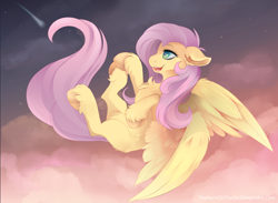 Size: 1200x880 | Tagged: safe, artist:thenornonthego, fluttershy, pegasus, pony, chest fluff, digital art, ear fluff, female, flying, mare, shooting star, smiling, solo